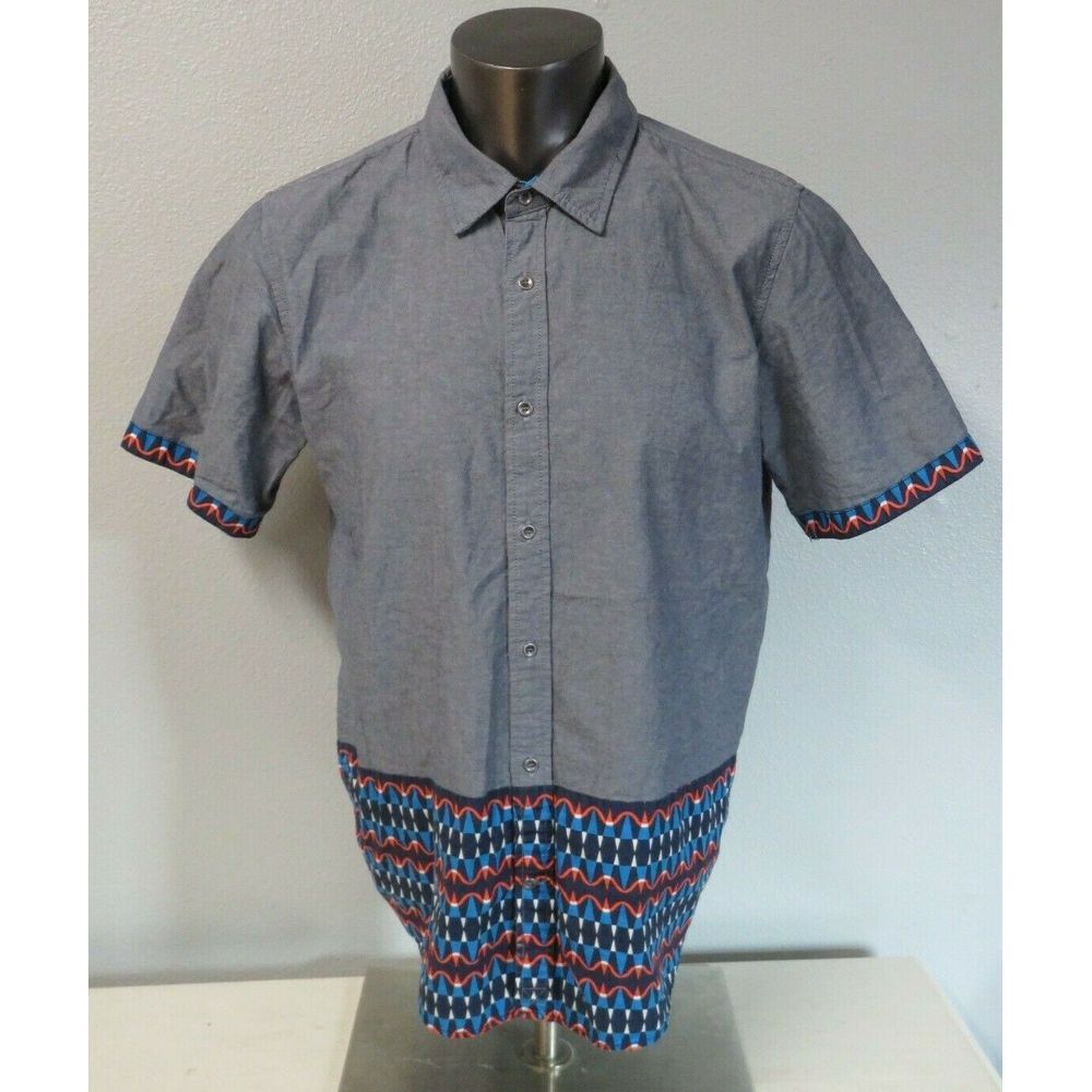 Mens LRG Lifted Research Group Short Sleeve Button Front Shirt Gray Cotton Sz L
